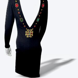 Vintage Fusion Wool Knit Dress Bejeweled Embroidered Open Back Long Sleeve Small